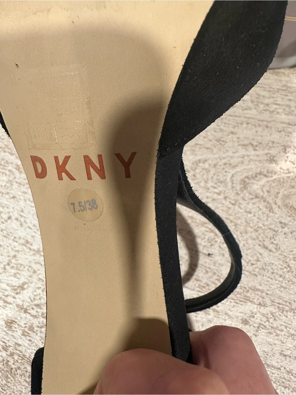 DKNY Black Suede Strappy Heels with Gold Block Heel